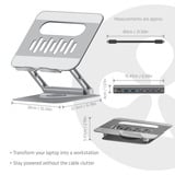 Club 3D CSV-2554 Verstelbare aluminium laptopstandaard met USB-C hub Zilver, 4K60Hz, PD 100W, 360° rotatie 