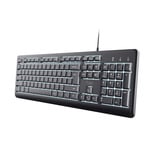 Trust Primo Verlicht Toetsenbord Bedraad  Zwart, US lay-out (QWERTY), 100%, Stille Toetsen | Morsbestendig