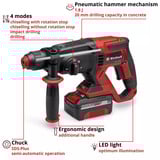 EINHELL Accu Boorhamer TE-HD 18/20 Li (1x4,0Ah) Rood/zwart, Incl. 1x 4.0 Ah Power X-Change accu en lader