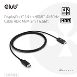 Club 3D DisplayPort 1.4 to HDMI 4K60Hz kabel adapter Zwart, HDR M/M 2m