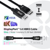 Club 3D Displayport 1.4 VESA gecertificeerde kabel male-male Zwart, 1 meter, 8K 60Hz of 2x 4K 60Hz, 32.4Gbps