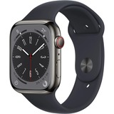 Apple Watch Series 8 smartwatch Grijs, 45 mm, Middernacht sportbandje, Roestvrij staal, GPS + Cellular