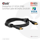 Club 3D Gecertificeerde DisplayPort 2.1 kabel Zwart, 2 meter, 10K