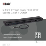 Club 3D 12-1 USB-C Triple Display PD3.0 100W Docking Station + Charger Zwart