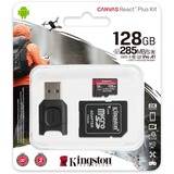 Kingston Canvas React Plus microSDXC 128 GB geheugenkaart Zwart, Incl. Adapter en MobileLite Plus microSD Reader
