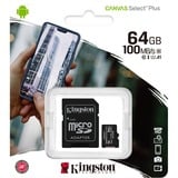 Kingston Canvas Select Plus microSD Card 64 GB geheugenkaart Zwart, SDCS2/64GB, Class 10 UHS-I A1, Incl. Adapter