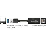 DeLOCK SuperSpeed USB-A (USB 3.1 Gen 1) male > Gigabit LAN 10/100/1000 Mbps compact adapter Zwart, 12,7 centimeter