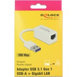 DeLOCK SuperSpeed USB-A (USB 3.1 Gen 1) male > Gigabit LAN 10/100/1000 Mbps compact adapter Wit, 0,127 meter