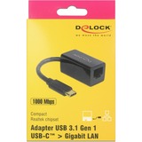 DeLOCK SuperSpeed USB-C (USB 3.1 Gen 1) male > Gigabit LAN 10/100/1000 Mbps compact adapter Zwart, 0,135 meter