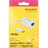 DeLOCK SuperSpeed USB-C (USB 3.1 Gen 1) male > Gigabit LAN 10/100/1000 Mbps compact adapter Wit, 0,135 meter