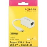 DeLOCK SuperSpeed USB-C (USB 3.1 Gen 1) male > Gigabit LAN 10/100/1000 Mbps compact adapter Wit, 0,135 meter