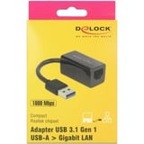 DeLOCK USB-A 3.2 Gen 1 naar RJ-45 Gigabit LAN adapter Zwart, 10/100/1000 Mbps