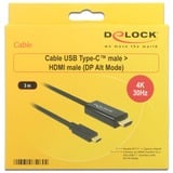 DeLOCK USB-C naar HDMI kabel Zwart, 3 meter, 4K 30 Hz, DP Alt Mode