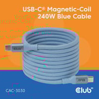 Club 3D USB-C Magnetic-Coil 240W PD3.1 Blue Cable, 2 meter kabel Blauw
