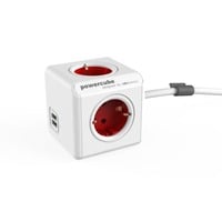 Allocacoc PowerCube Extended, stekkerdoos met 2x USB Wit/rood, 1,5 meter kabel