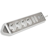 Brennenstuhl Estilo hoekstopcontact 4-voudig met USB-oplaadfunctie 6-voudige stekkerdoos met usb Wit/roestvrij staal, 6x stekker, 2x USB-A