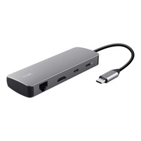 Trust Dalyx 8-in-1-USB-C Adapter usb-hub Grijs, HDMI en Ethernet | 2x USB-A | 2x USB-C