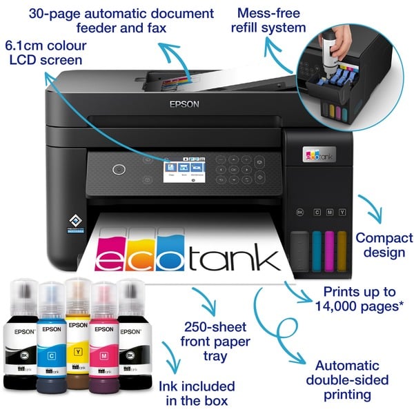 Epson EcoTank ET3850 allinone inkjetprinter Zwart, Afdruk, Scan