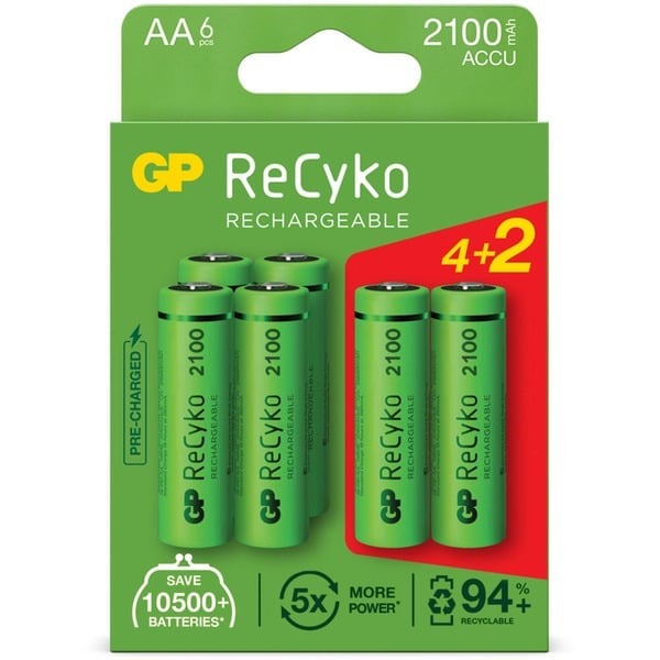 GP Batteries Oplaadbaar Recyko 210AAHC NiMH batterijen, 6 stuks oplaadbare batterij 1.2V, 2100 mAh