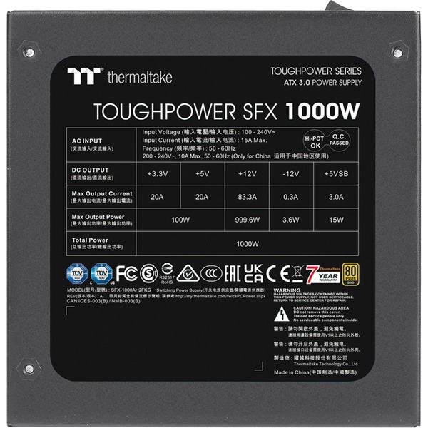 Thermaltake Toughpower SFX, 1000 Watt voeding Zwart, 4x PCIe, Kabelmanagement