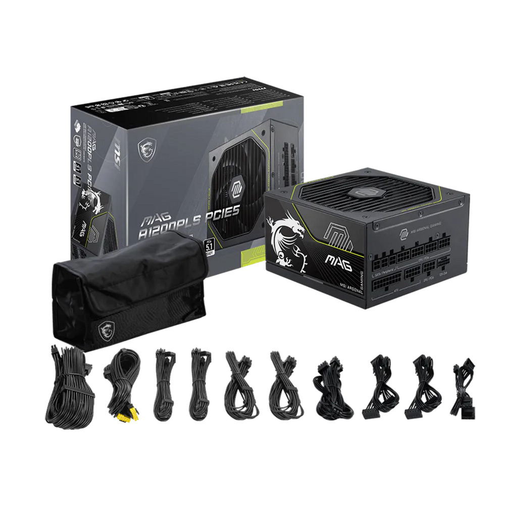 MSI MAG A1200PLS PCIE5 modulaire 1200 watt voeding Zwart, 1x 12V-2x6, 4x PCIe, 1x 12V-2x6, 4x PCIe