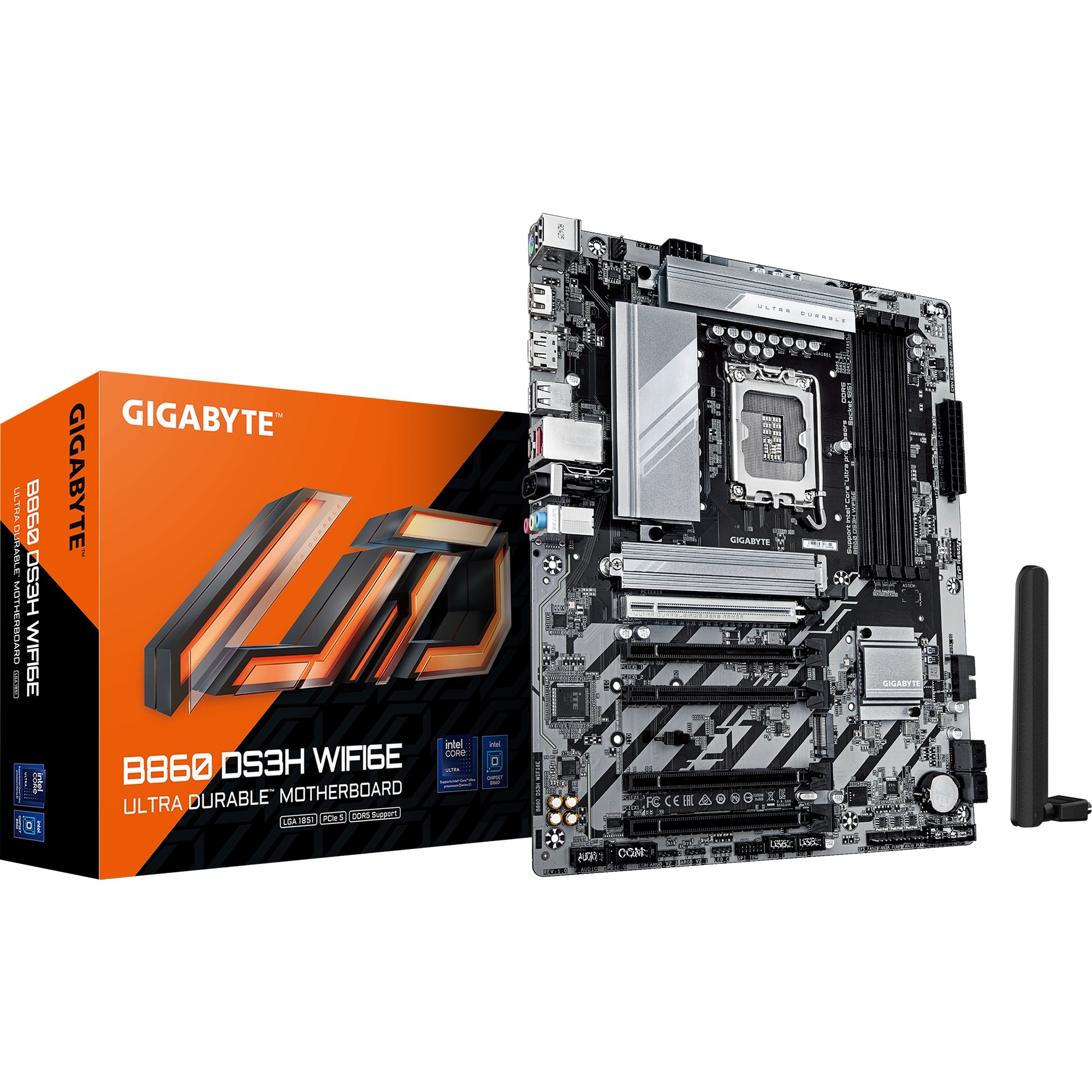 GIGABYTE B860 DS3H WIFI6E socket 1851 moederbord Zilver/zwart, RAID, 2.5Gb-LAN, Wi-Fi 6E, BT, Sound, ATX