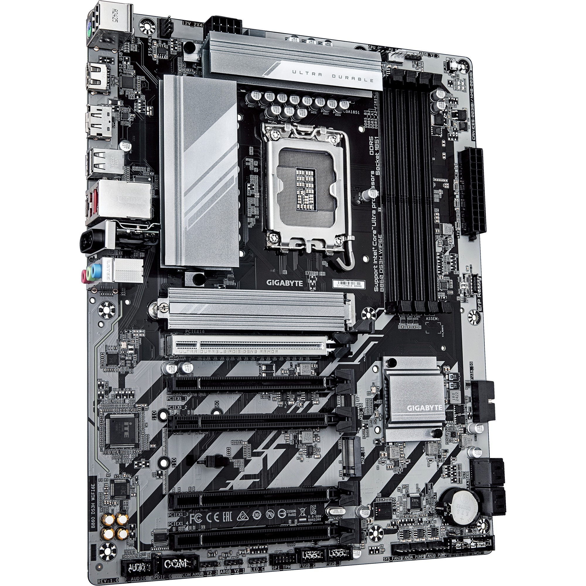 GIGABYTE B860 DS3H WIFI6E socket 1851 moederbord Zilver/zwart, RAID, 2.5Gb-LAN, Wi-Fi 6E, BT, Sound, ATX