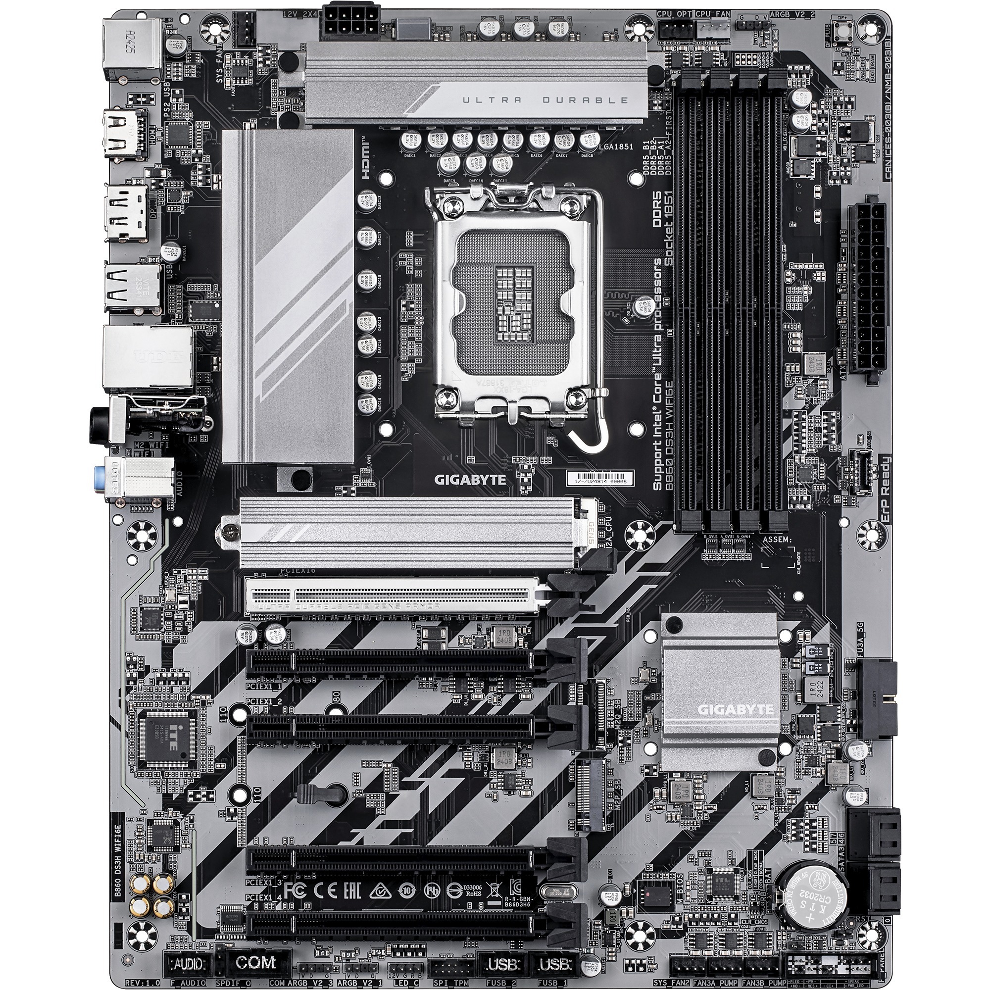 GIGABYTE B860 DS3H WIFI6E socket 1851 moederbord Zilver/zwart, RAID, 2.5Gb-LAN, Wi-Fi 6E, BT, Sound, ATX