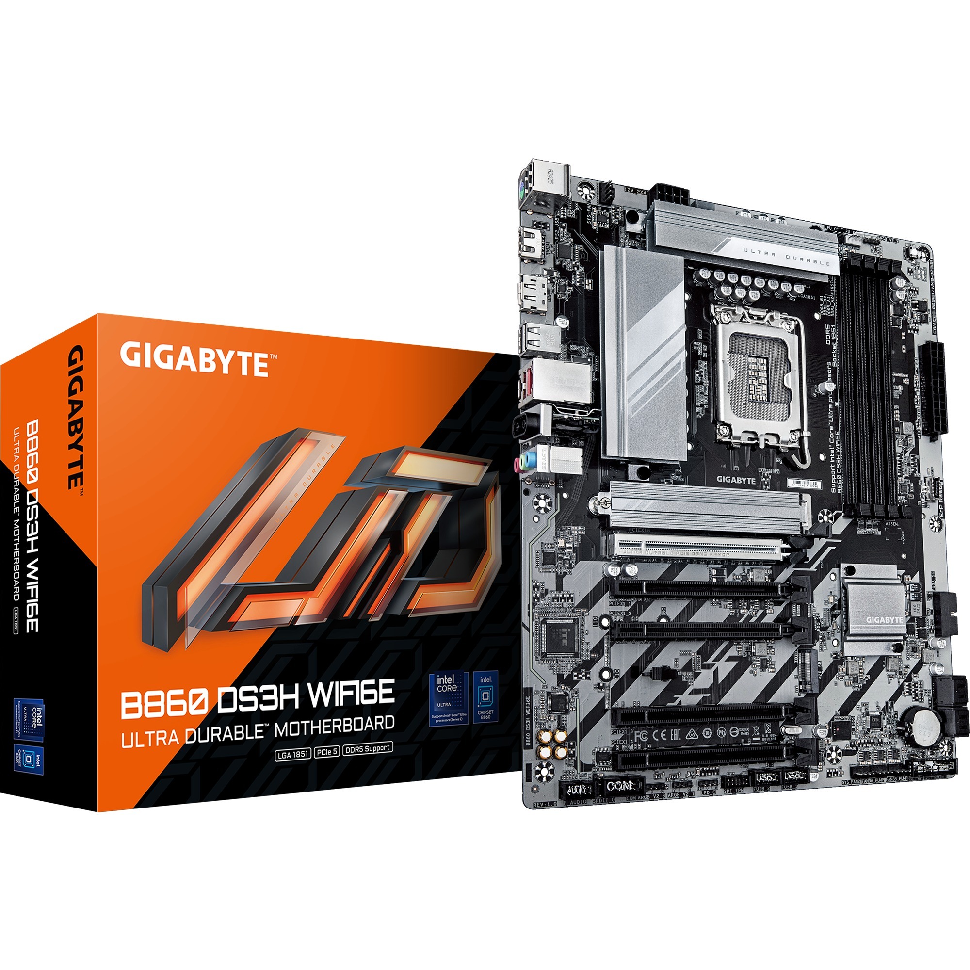 GIGABYTE B860 DS3H WIFI6E socket 1851 moederbord Zilver/zwart, RAID, 2.5Gb-LAN, Wi-Fi 6E, BT, Sound, ATX
