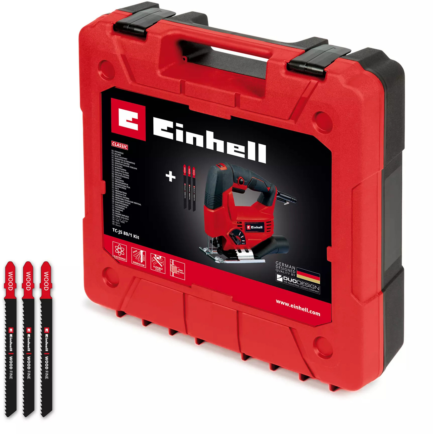 EINHELL TC-JS 80/1 Kit decoupeerzaag Rood/zwart, Incl. koffer en drie zaagbladen (T-schacht)