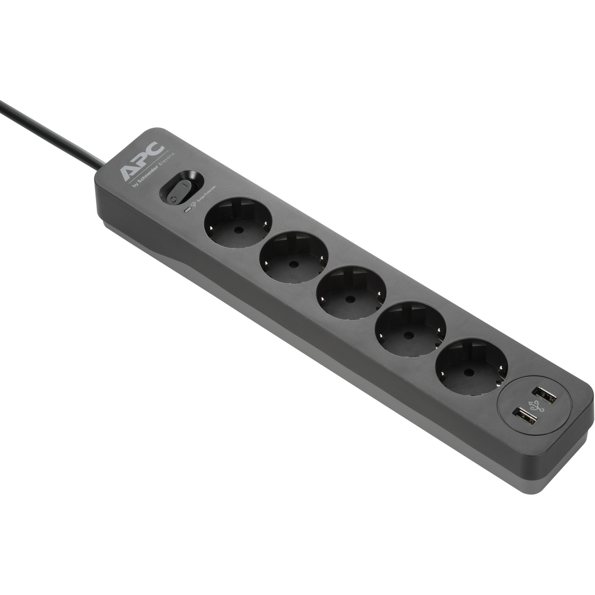 APC PME5U2B-GR stekkerdoos met overspanningsbeveiliging stekkerdoos Zwart, 5x stopcontact + 2x USB Surge lader