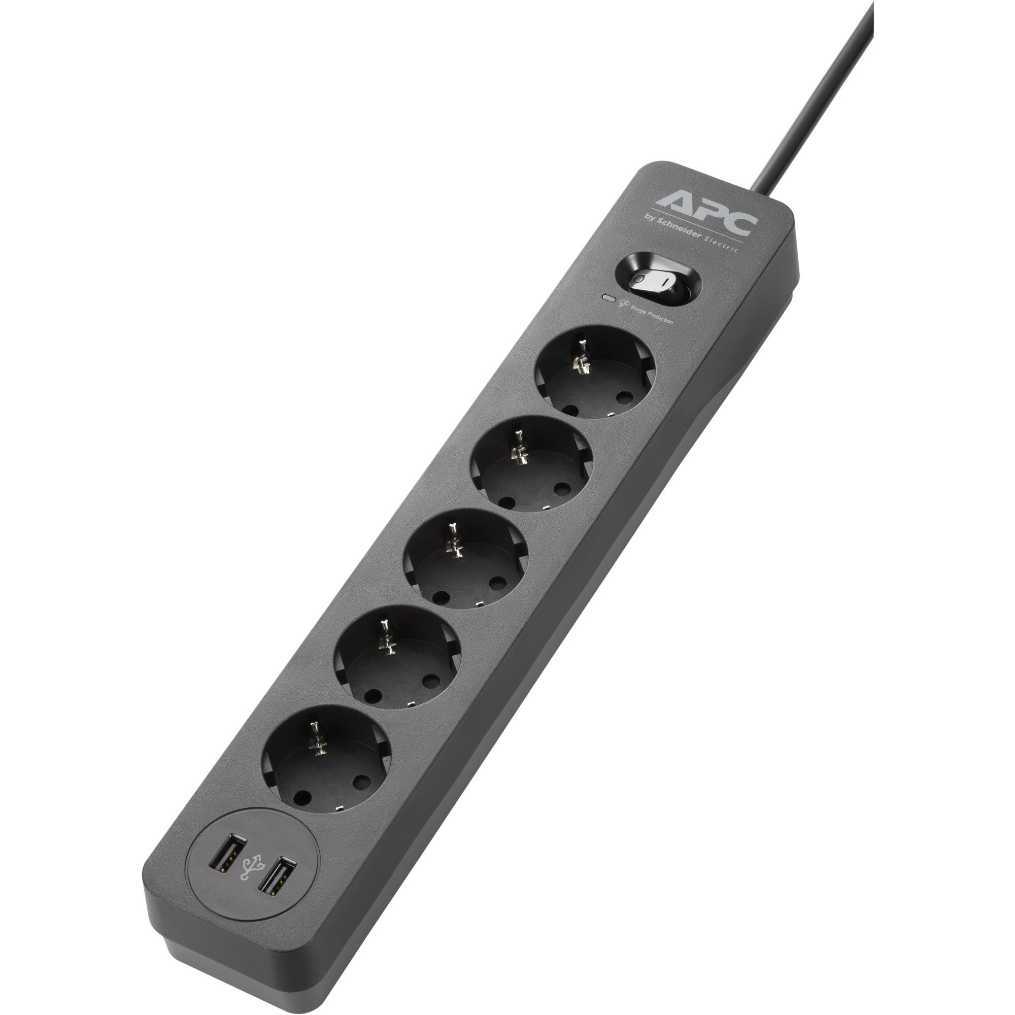 APC PME5U2B-GR stekkerdoos met overspanningsbeveiliging stekkerdoos Zwart, 5x stopcontact + 2x USB Surge lader