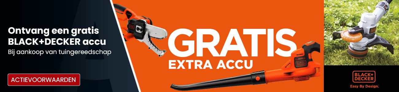 Ontvang tijdelijk een gratis accu bij aankoop van Black Decker tuingereedschap
