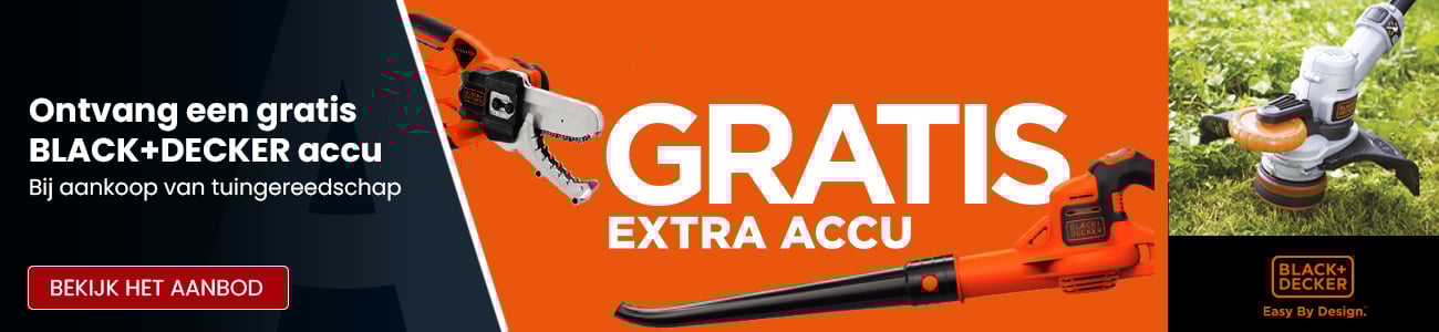 Ontvang tijdelijk een gratis accu bij aankoop van Black Decker tuingereedschap